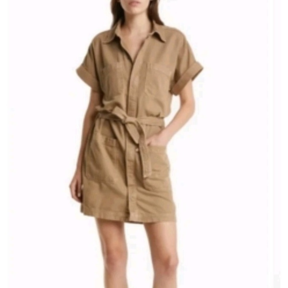 Etica Dress Women's Small Alyssa Kimono Sleeve Belted Mini Linen Desert Brown‎